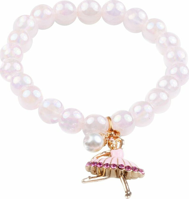 Pearl bracelet with a ballerina charm on a white background