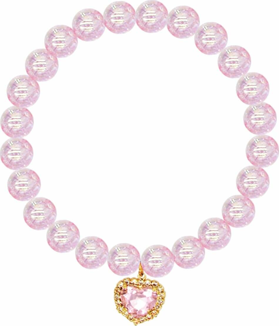 Pink beaded Enchanting Heart Bracelet with a gold heart charm on a white background