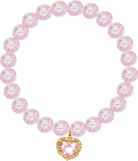 Pink beaded Enchanting Heart Bracelet with a gold heart charm on a white background