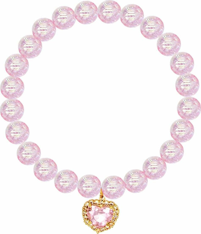 Pink beaded Enchanting Heart Bracelet with a gold heart charm on a white background