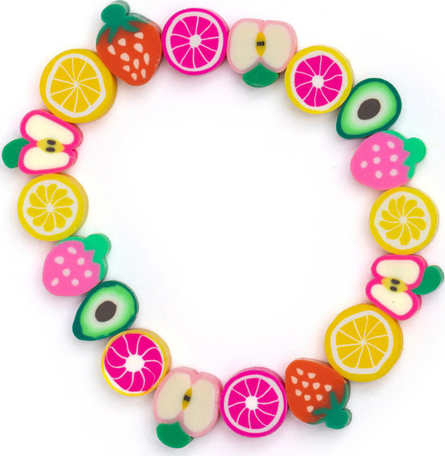 Colorful fruit-shaped Fruity Tooty Bracelet arranged in a circular pattern on a white background