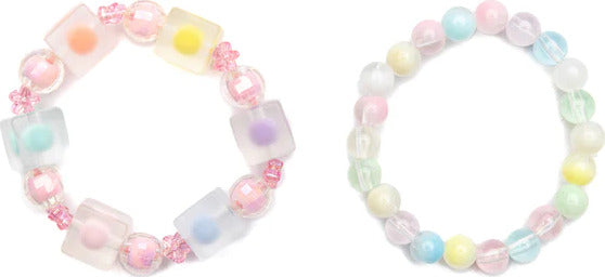 Two colorful beaded Hip to Be Square Bracelets on a white background