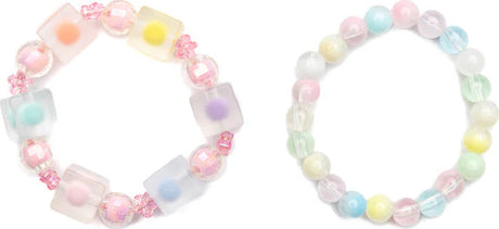 Two colorful beaded Hip to Be Square Bracelets on a white background