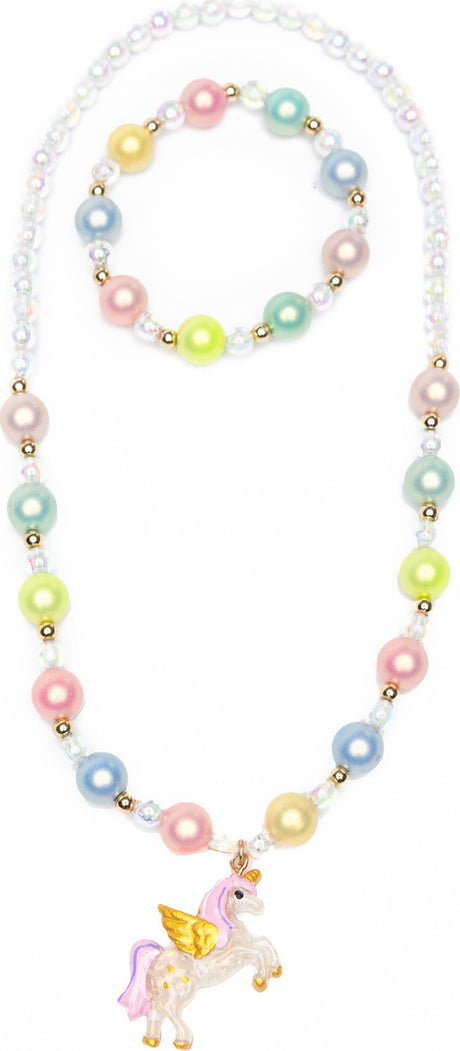 Happy-Go-Unicorn Necklace Bracelet Set with pastel-colored beads and a unicorn charm on a white background