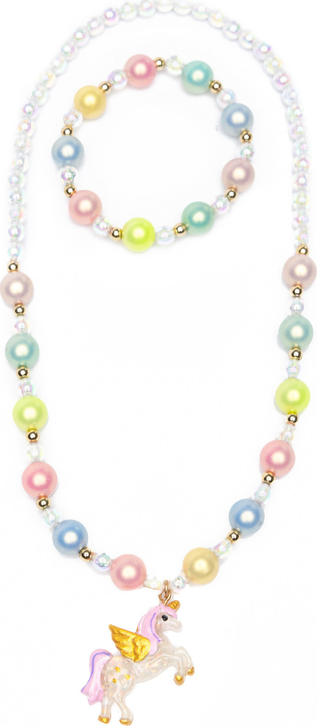 Happy-Go-Unicorn Necklace Bracelet Set with pastel-colored beads and a unicorn charm on a white background