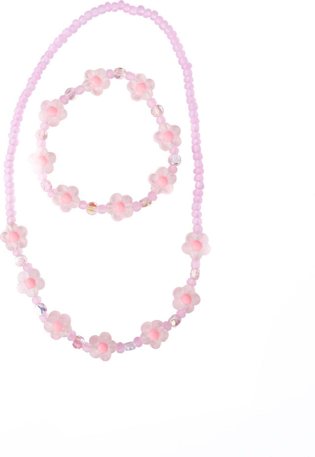 Pink Crystal Blooms Necklace & Bracelet Set with pink floral beads on a white background