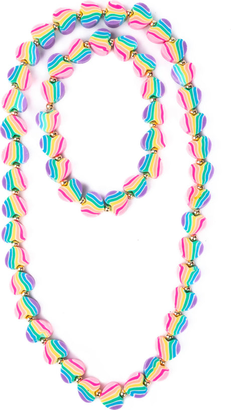 Colorful Heart of Many Colours Necklace & Bracelet Set with rainbow pattern on a white background