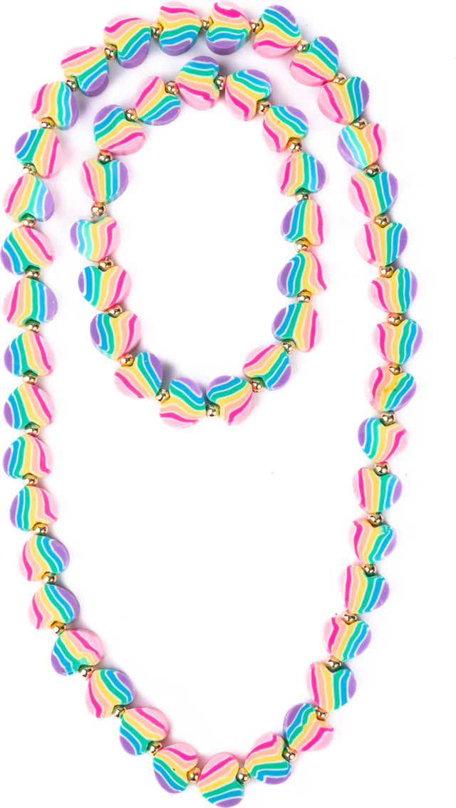 Colorful Heart of Many Colours Necklace & Bracelet Set with rainbow pattern on a white background