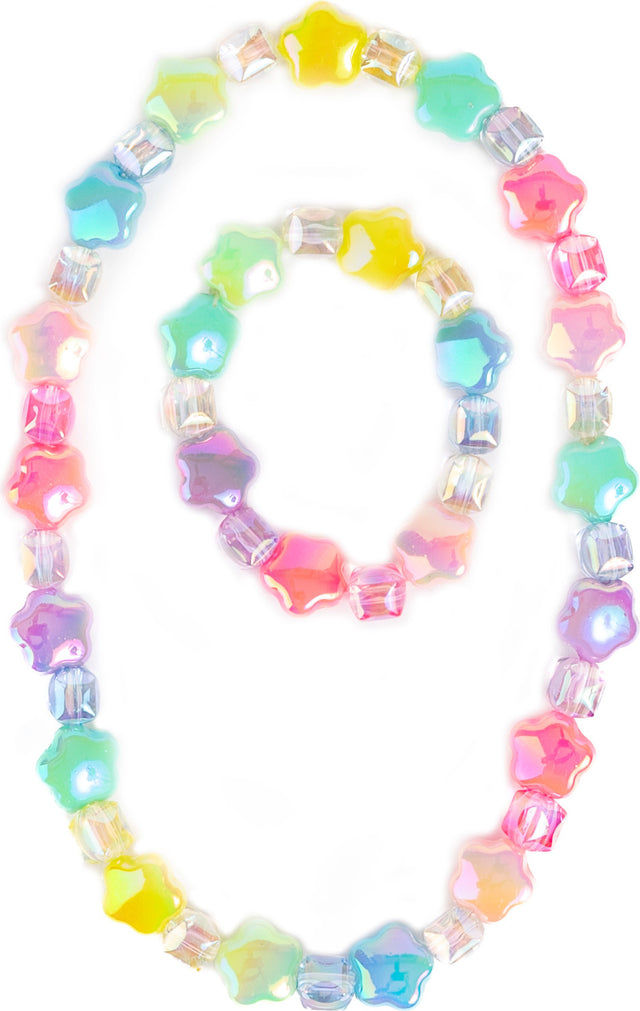 Colorful beaded Wish Upon a Rainbow Star Necklace & Bracelet Set on a white background