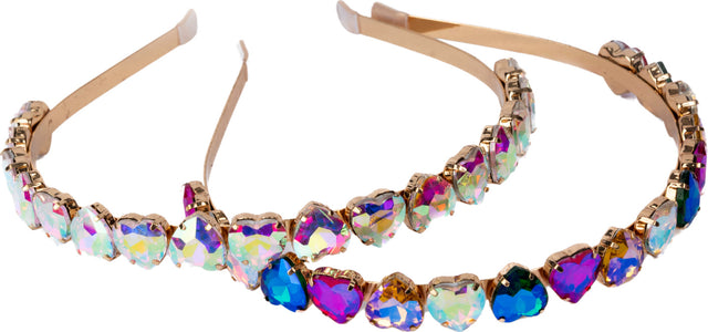 Multicolored gemstone Boutique Heartbreaker Headbands with gold accents on a white background