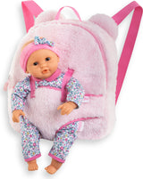 Doll with floral outfit inside a BB 12" Plush Backpack Baby Doll Carrier