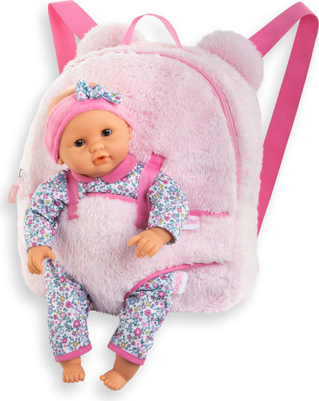 Doll with floral outfit inside a BB 12" Plush Backpack Baby Doll Carrier