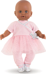 Doll wearing a pink 14" Sport Dance Set with a bow on a white background