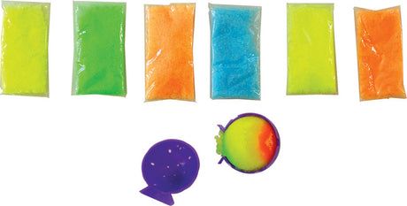 Assorted colorful packets of ingredients for creating Diy Bouncing Balls on a white background