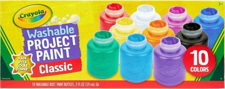 Crayola Washable Kids Paint - 10 Count  set with 10 colorful bottles on a yellow background