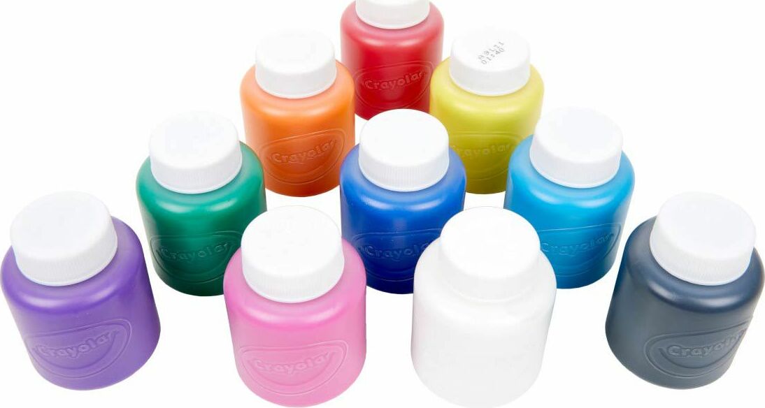 Set of Washable Kids Paint - 10 Count bottles with white caps on a white background