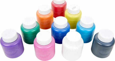 Set of Washable Kids Paint - 10 Count bottles with white caps on a white background