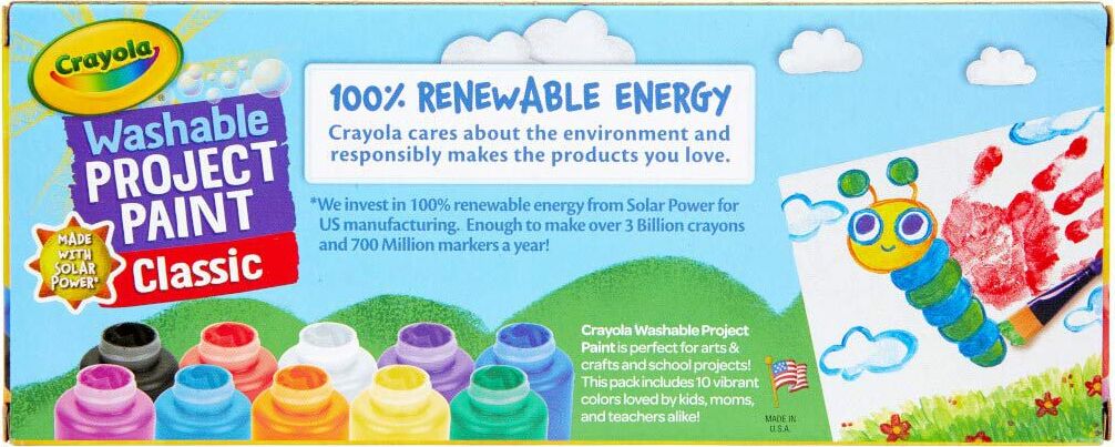 Crayola Washable Kids Paint - 10 Count set with colorful bottles and packaging details.