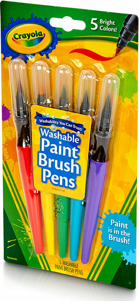 Packaging of Crayola washable paint brush pens with colorful handles on a white background