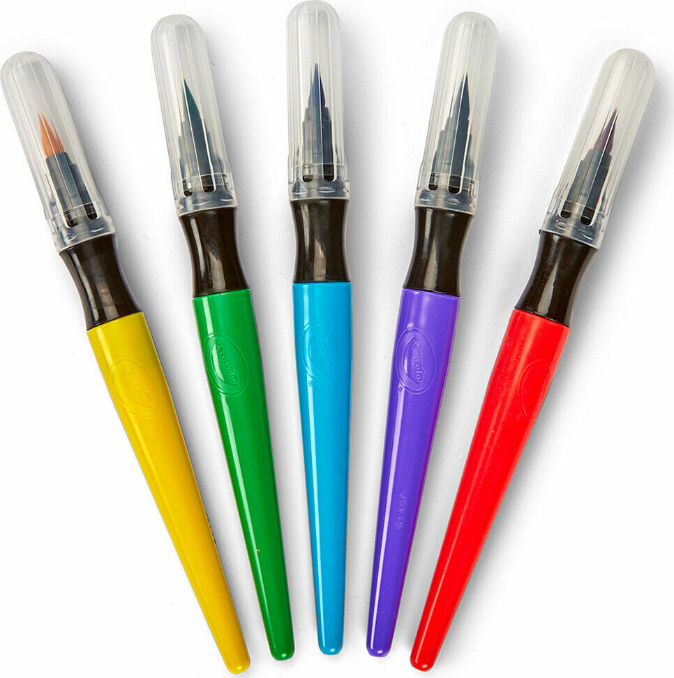 Five colorful Paint Brush Pens - Classic - 5 Count with transparent caps on a white background