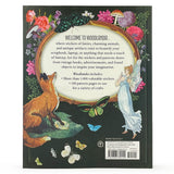 Back cover of Sticker Emporium: Woodlandia book with illustrations of fairies, foxes, and flowers on a black background.