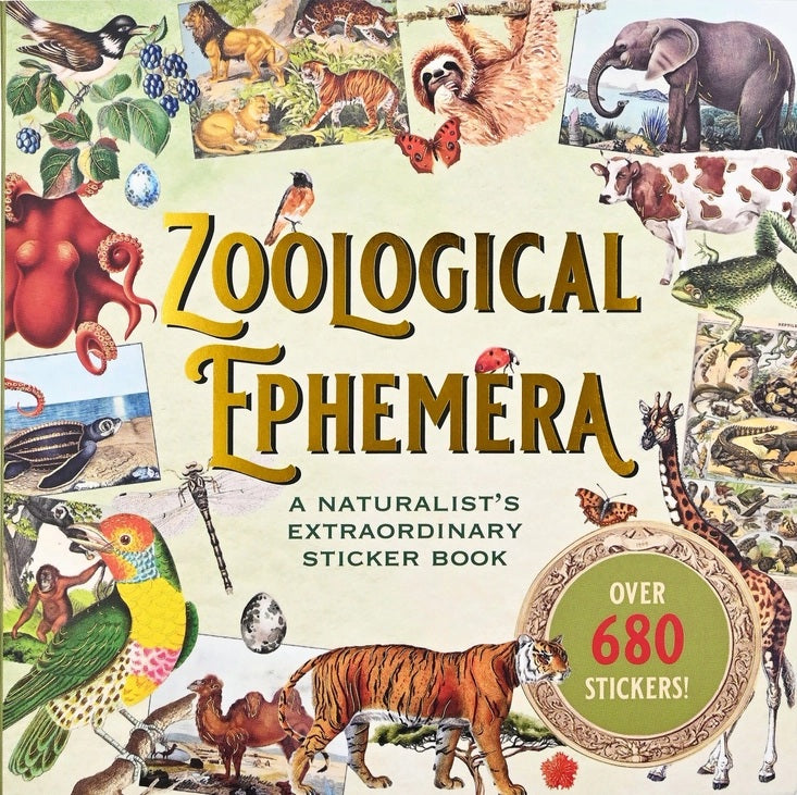 Cover of 'Zoological Ephemera' sticker book with illustrations of animals and text.