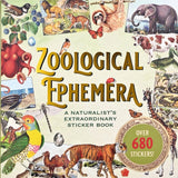 Cover of 'Zoological Ephemera' sticker book with illustrations of animals and text.