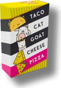 Box of 'Taco Cat Goat Cheese Pizza' with cartoon illustrations on a white background