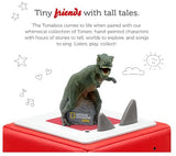 Dinosaur figurine on a red and white base with text about Toniebox and Tonies.