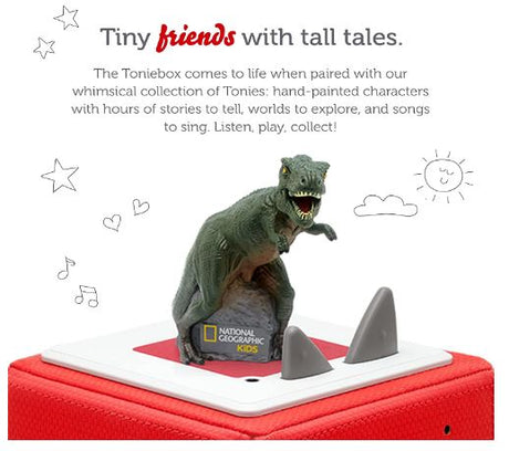 Dinosaur figurine on a red and white base with text about Toniebox and Tonies.