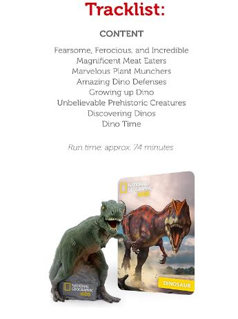 Tonies Dinosaur  with National Geographic Kids logo and tracklist on a white background