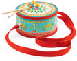 Colorful children's Animambo Hand Drum with animal designs and red strap on a white background