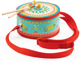 Colorful children's Animambo Hand Drum with animal designs and red strap on a white background