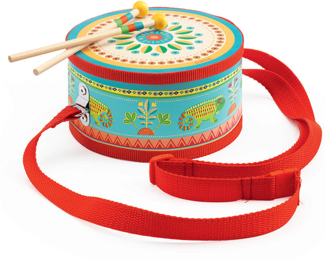 Colorful children's Animambo Hand Drum with animal designs and red strap on a white background