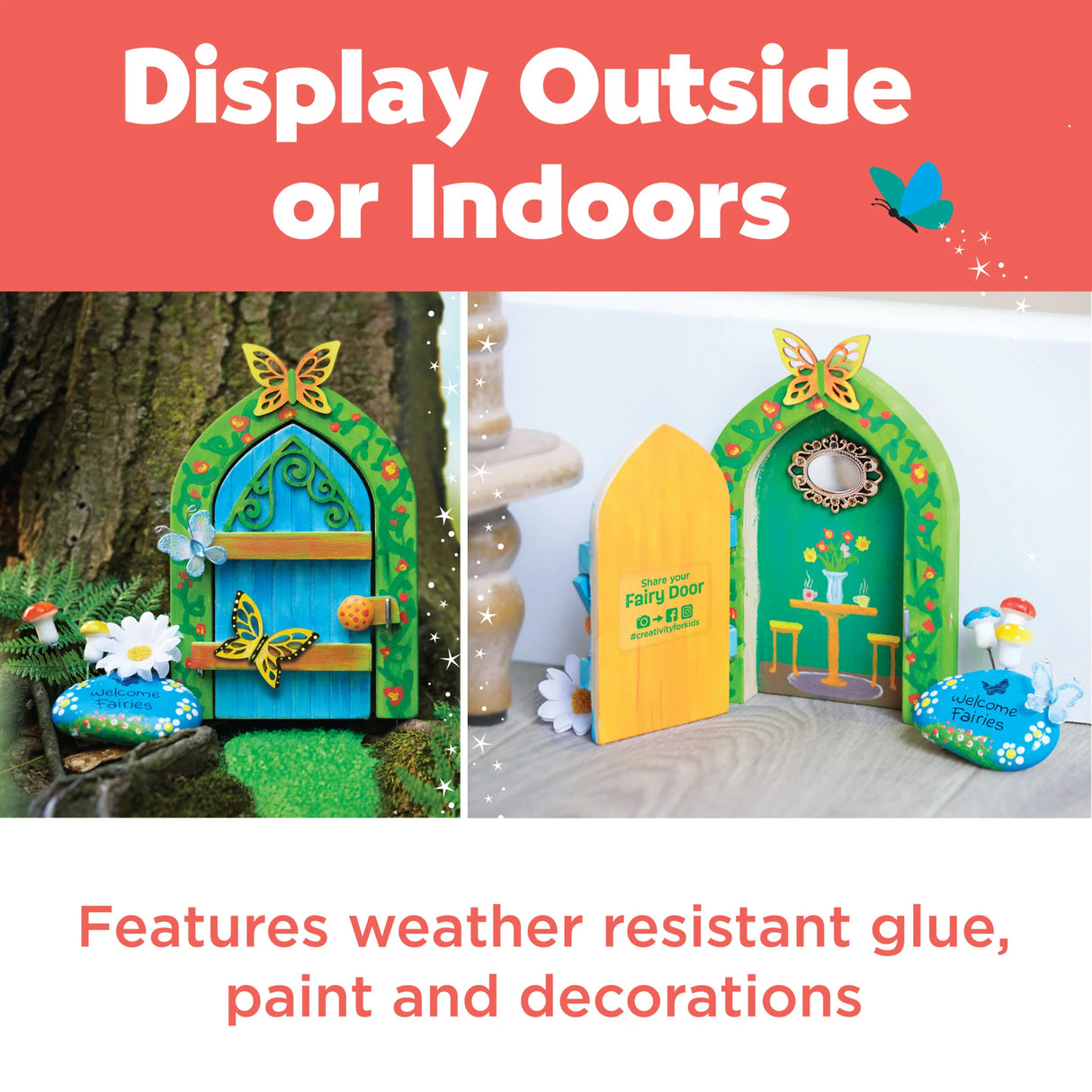 Butterfly Fairy Doors with decorative elements on a red background