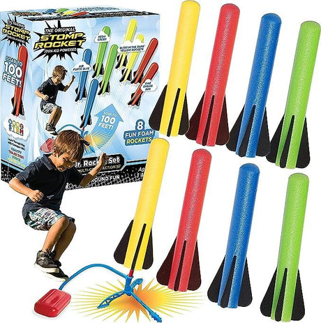 Colorful Stomp Rocket® Jr. Rockets with 8 foam rockets with packaging and a child playing with one of them.