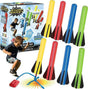 Colorful Stomp Rocket® Jr. Rockets with 8 foam rockets with packaging and a child playing with one of them.