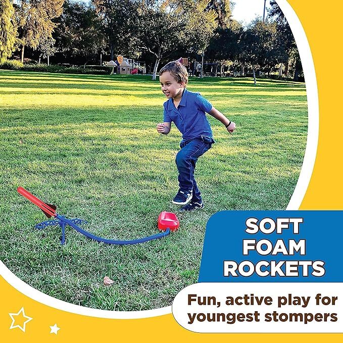 Child playing with Stomp Rocket® Jr. Rockets with 8 rockets on a grassy field, with promotional text about the product.