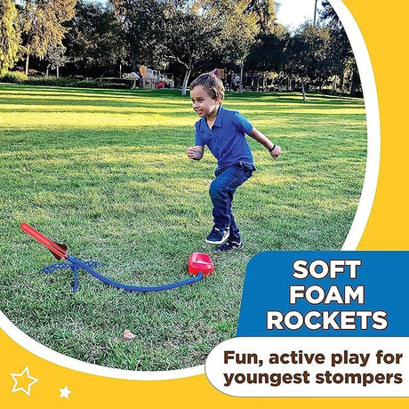 Child playing with Stomp Rocket® Jr. Rockets with 8 rockets on a grassy field, with promotional text about the product.