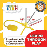 Stomp Rocket® Jr. Rockets with 8 rockets toy with adjustable stand and educational text on a yellow background