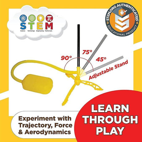 Stomp Rocket® Jr. Rockets with 8 rockets toy with adjustable stand and educational text on a yellow background