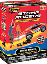 Box of Stomp Racers air-powered race cars with red and black design