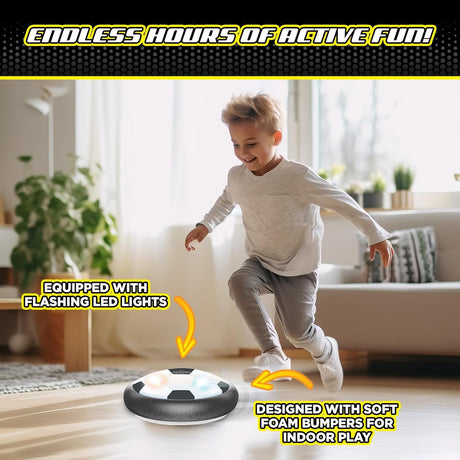 Child playing indoors with a Hover Soccer