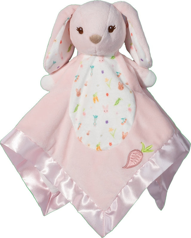 Parsnip Pink Bunny Snuggler  security blanket with floral pattern on a white background