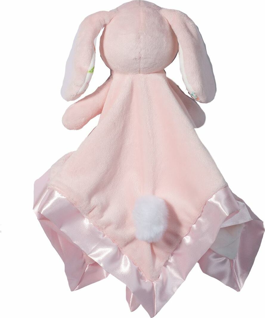 Parsnip Pink Bunny Snuggler plush toy with a blanket on a white background