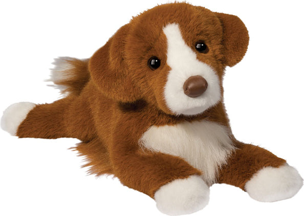 Brown and white stuffed Rush Duck Tolling Retriever toy on a white background