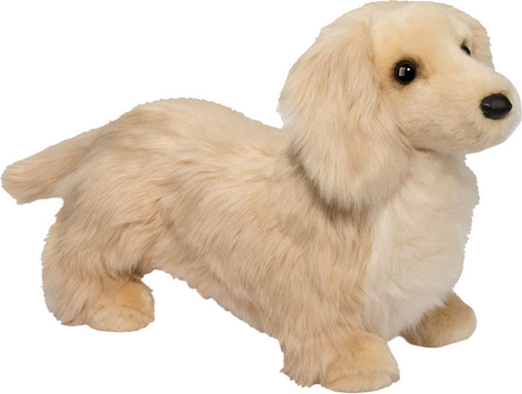 Haisley Golden Dachshund plush toy dog with long hair on a white background