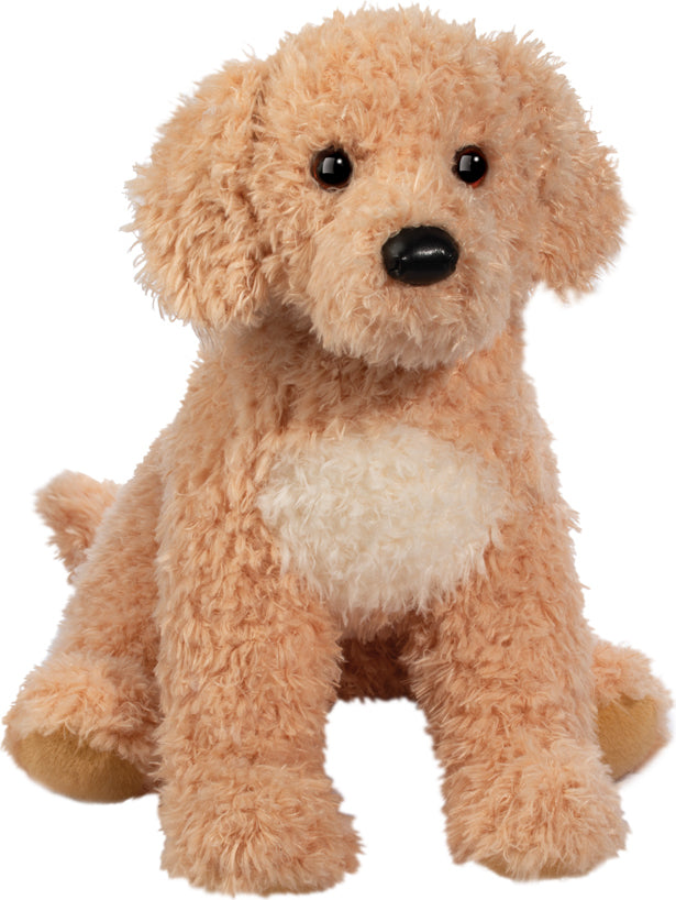 Plush Noodle Goldendoodle dog toy with a white chest on a white background