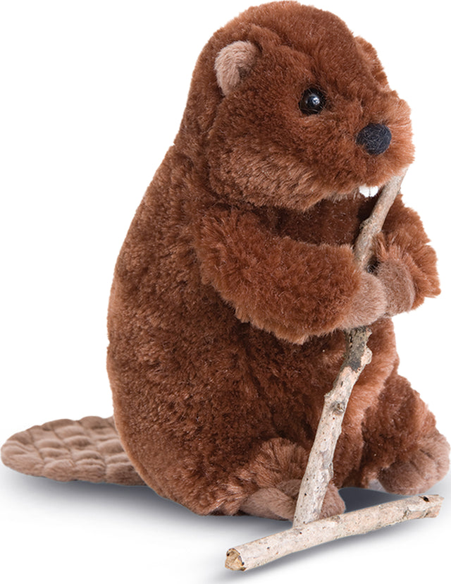 Plush Buddy Beaver holding a stick on a white background