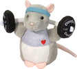 Plush toy Jim Rat lifting weights with a blue headband and gray sweater on a white background